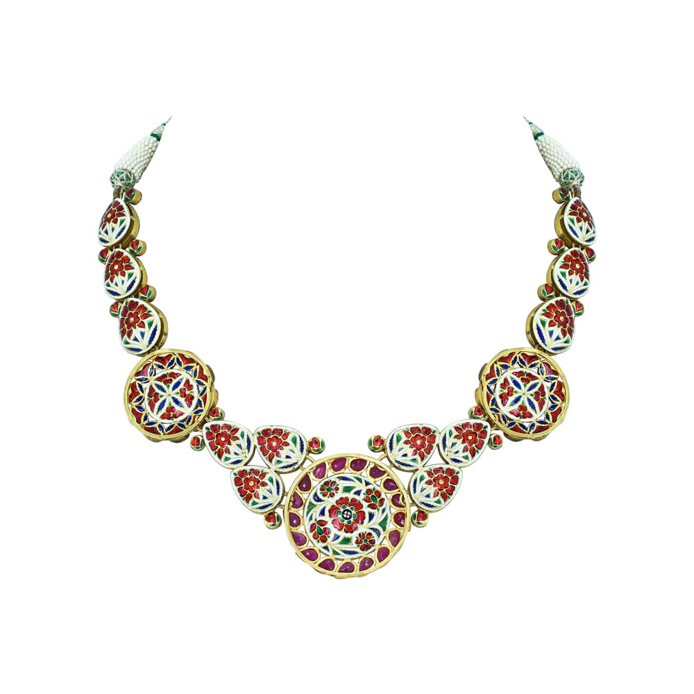 Polki Necklace with Red Rubies and Green Enamel